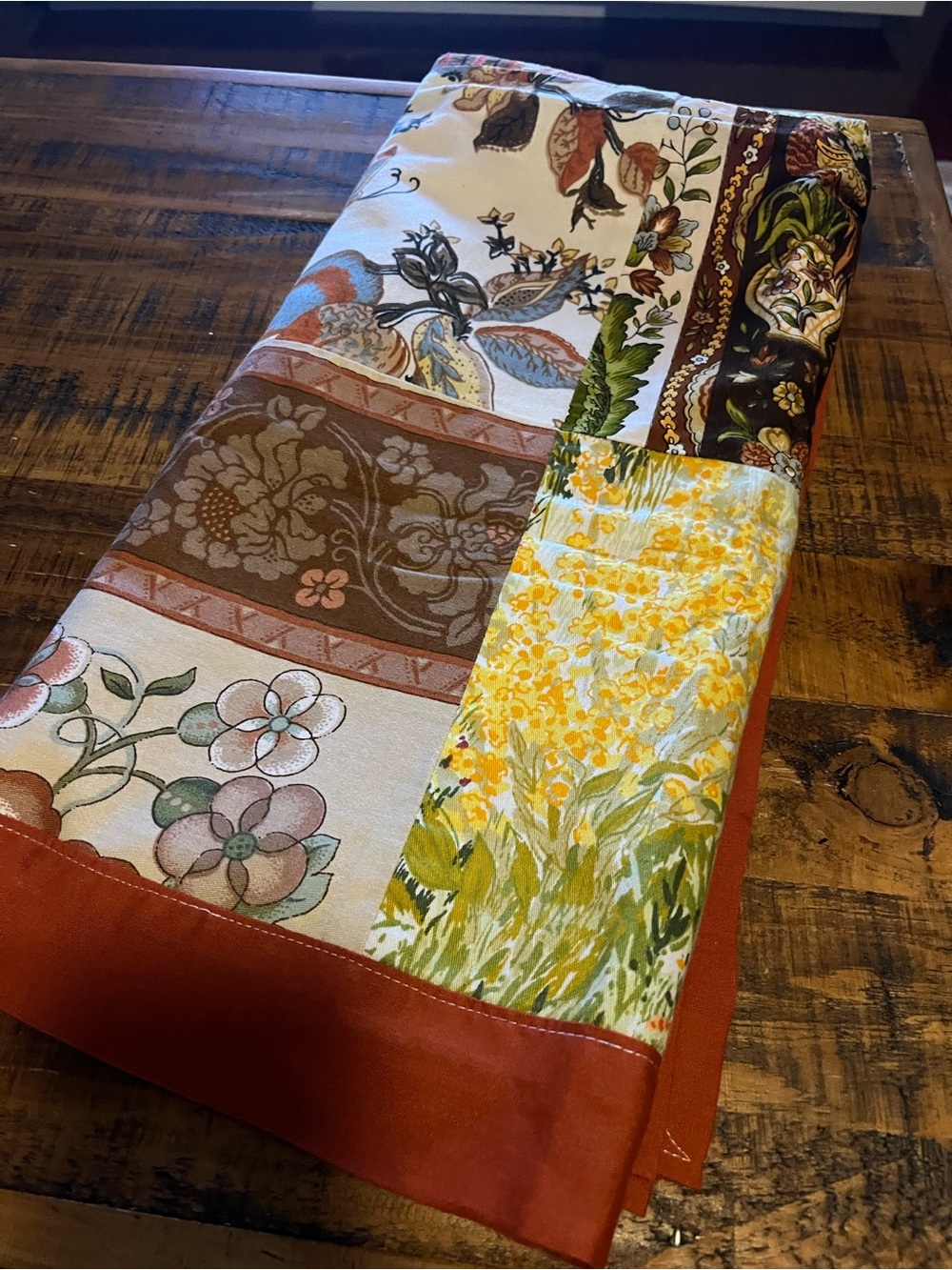 Floral Patchwork throw in Yellow, Rust, Green